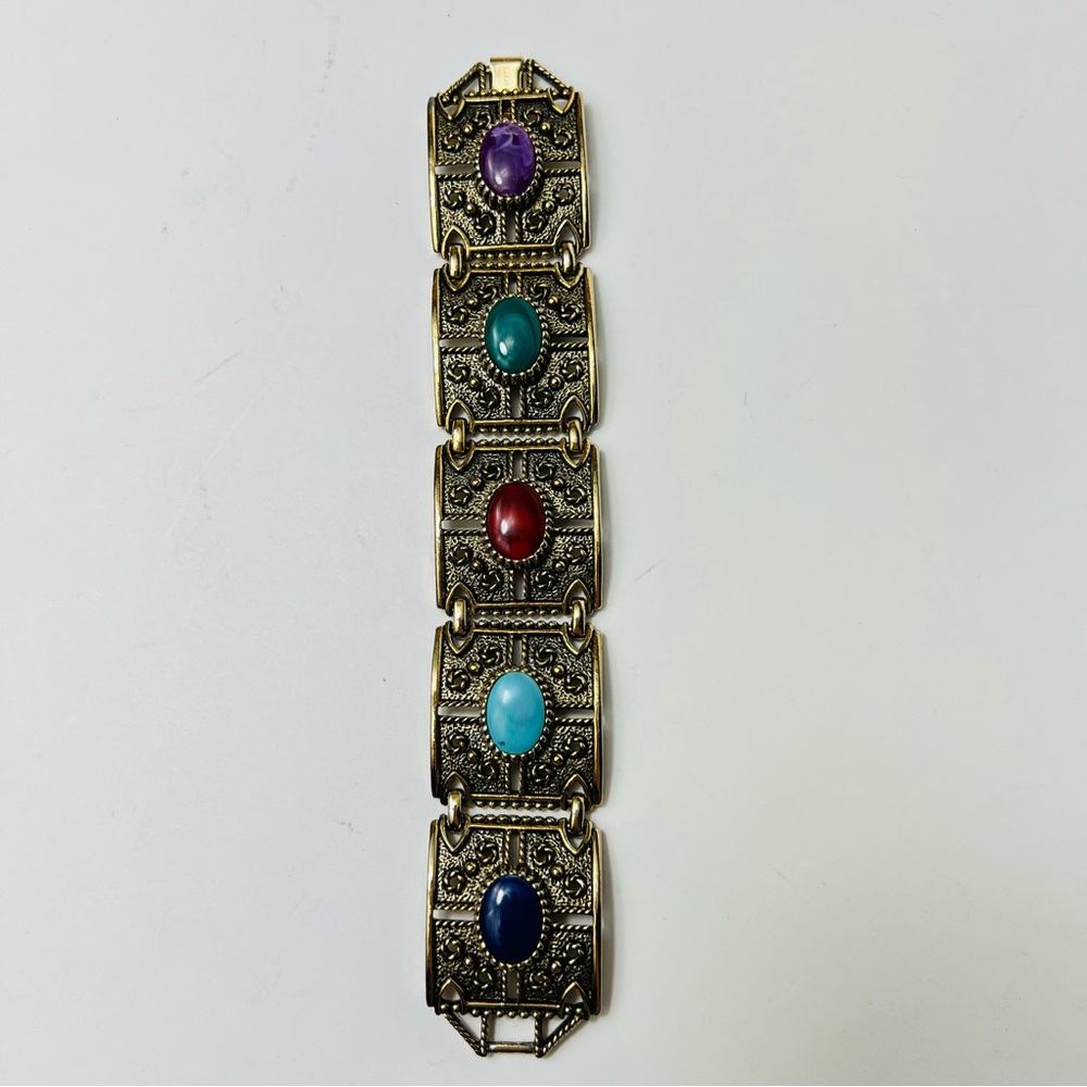 VINTAGE GRANADA 1970’s BAROQUE CHUNKY CABOCHON ANTIQUE GOLD  BRACELET - Picture 3 of 13